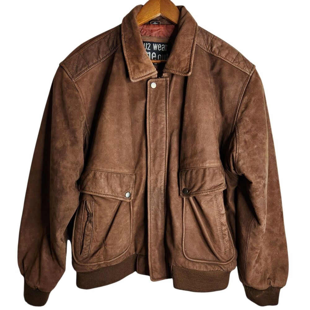 Vintage 90's U2 Wear Me Out Bomber Jacket Mens Size 44 Brown Leather Aviator
